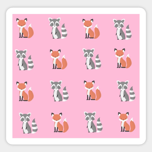 Pink Raccoon and fox print pattern Sticker by LukjanovArt